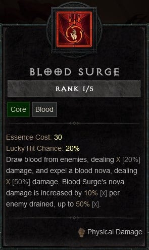 Diablo IV Build for the Necromancer - Blood Surge Core Skill to Steal Health from Enemies