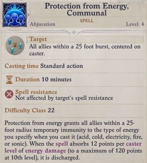 Protection from Energy, Communal Spell Daeran Pathfinder Wrath of the Righteous Build