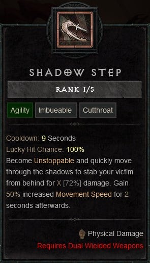 Diablo 4 Rogue Build - Shadow Step Agility Skill to Gain Unstoppable
